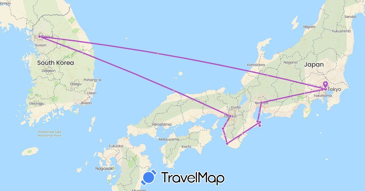 TravelMap itinerary: driving, train in Japan, South Korea (Asia)